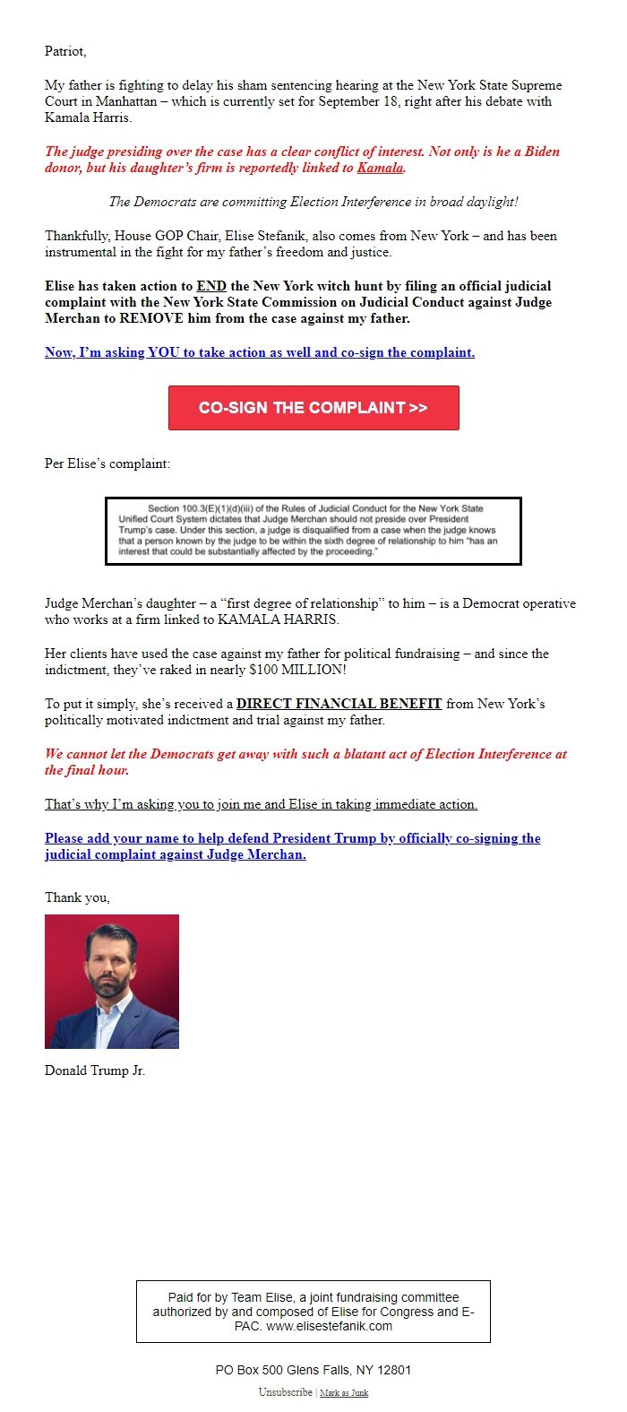 Screenshot of the email generated on import
