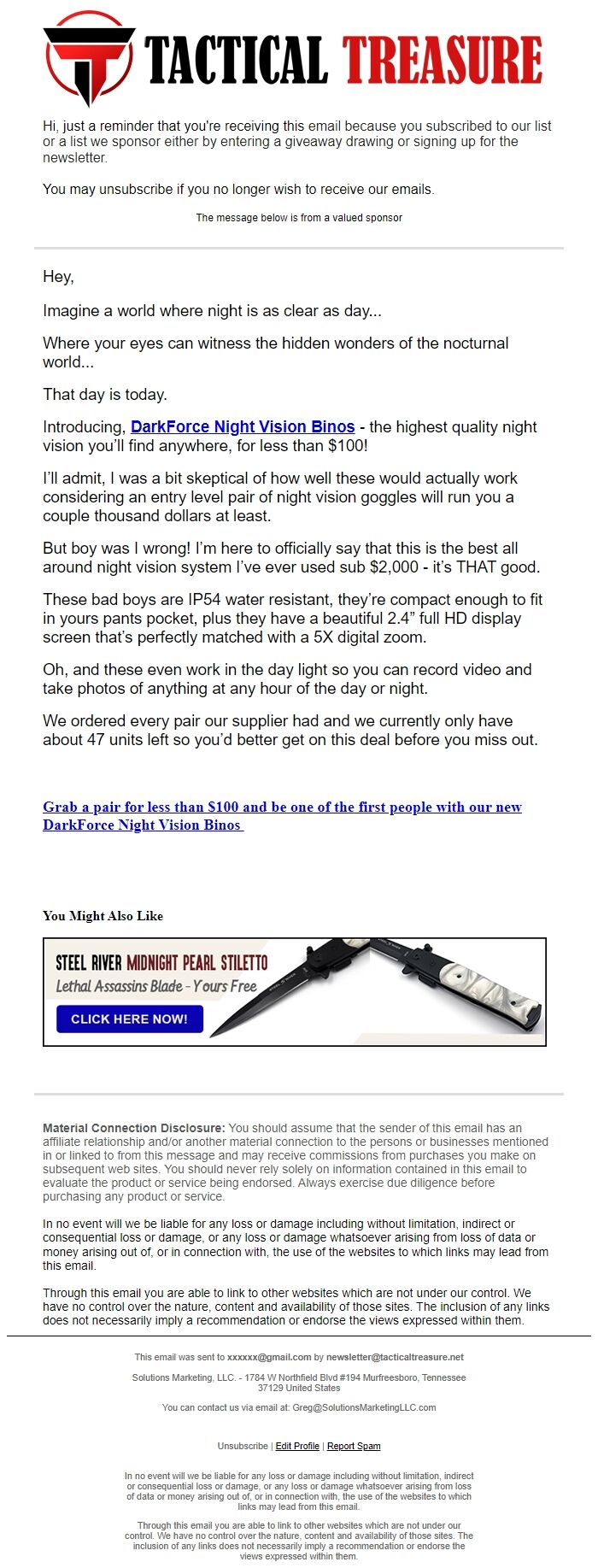 Screenshot of the email generated on import