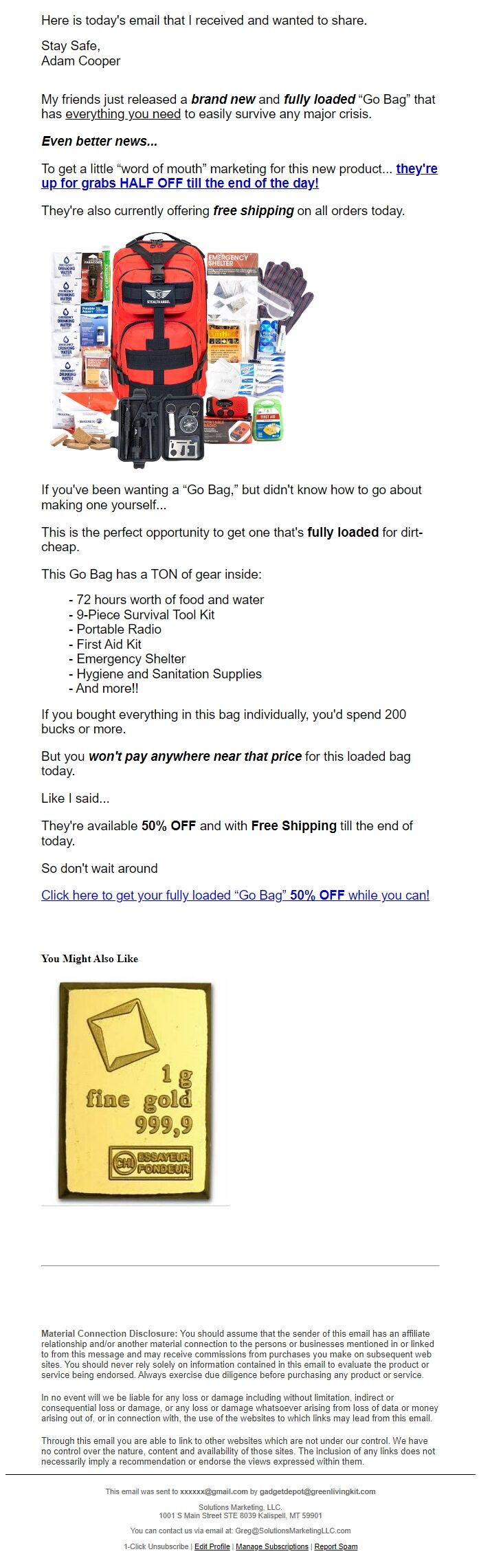 Screenshot of the email generated on import