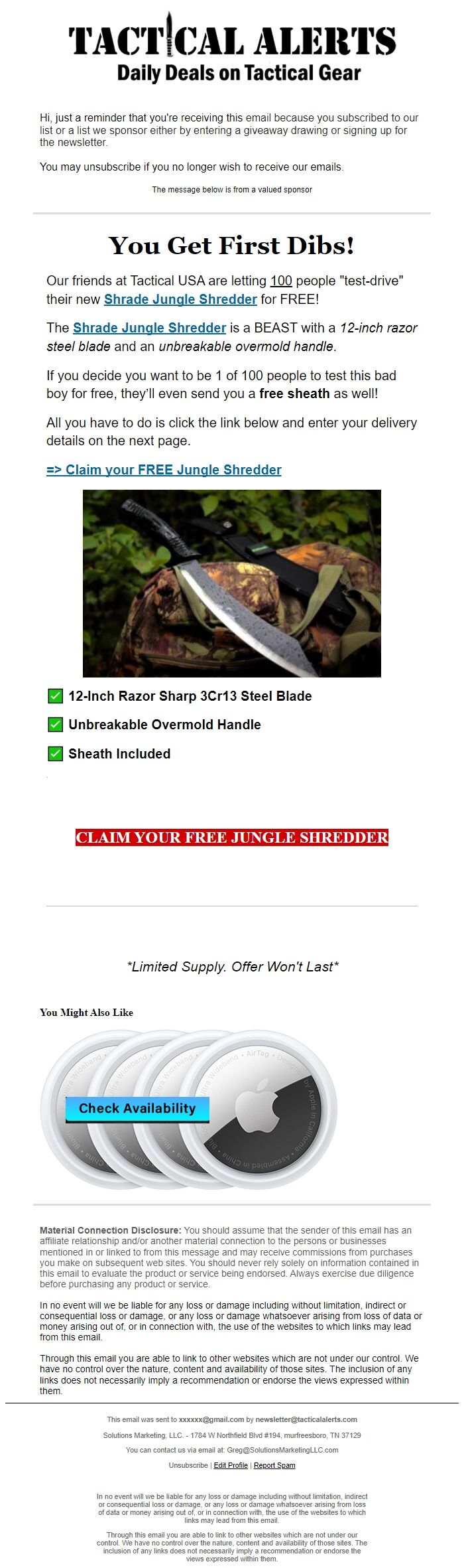 Screenshot of the email generated on import