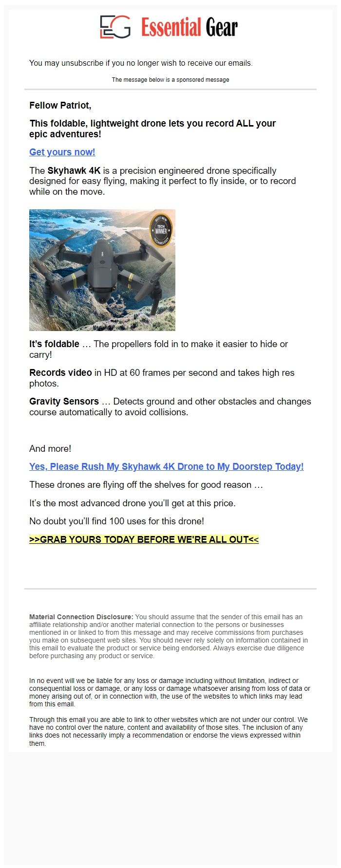 Screenshot of the email generated on import