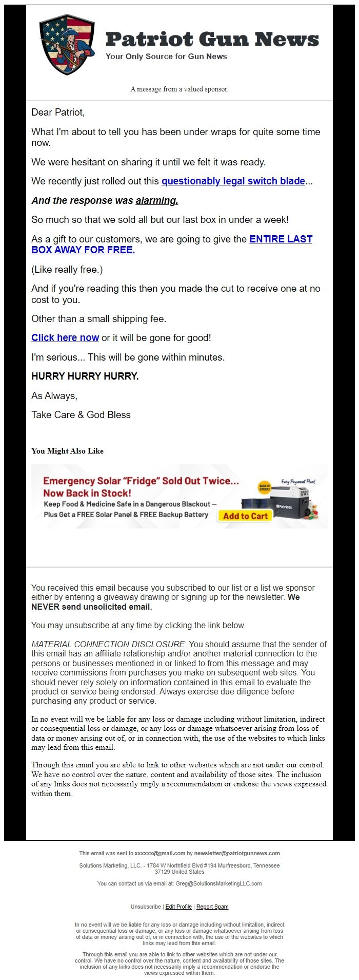 Screenshot of the email generated on import