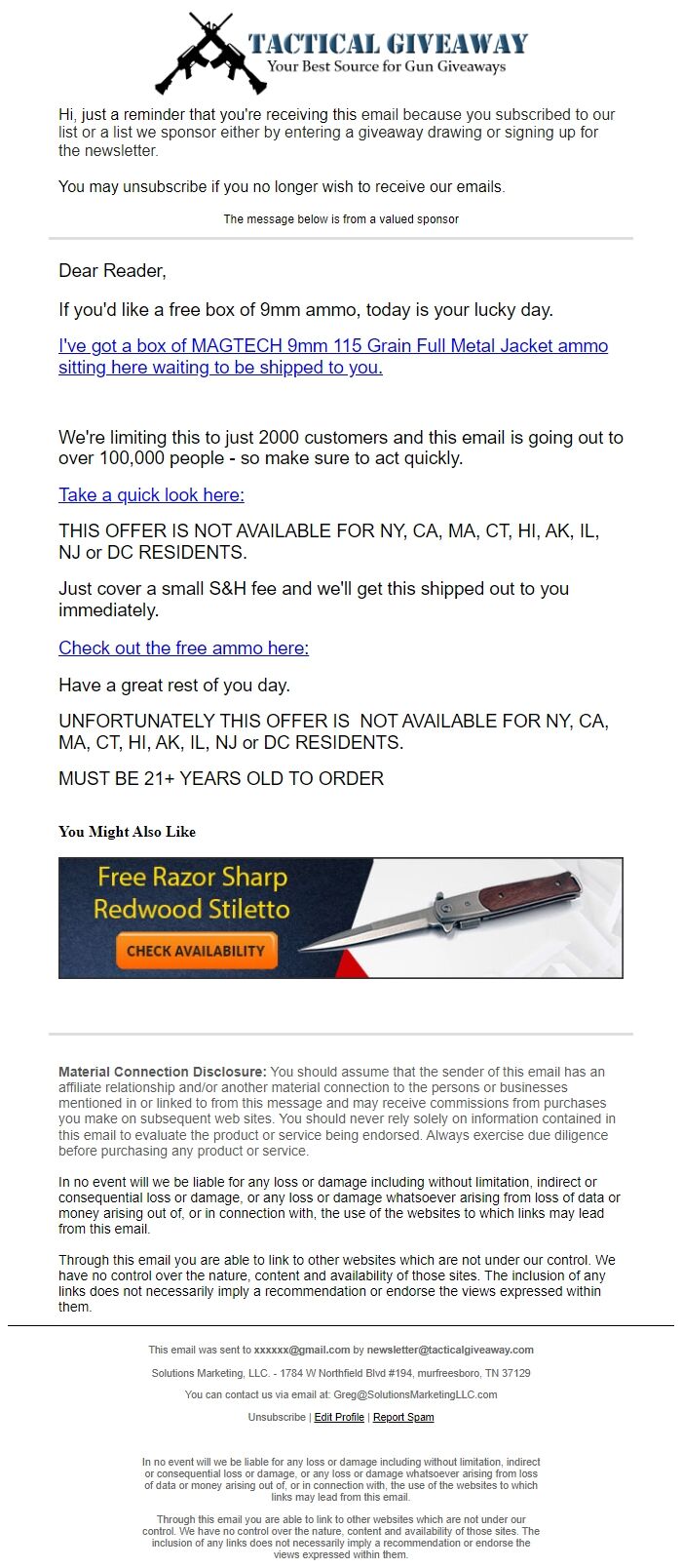 Screenshot of the email generated on import