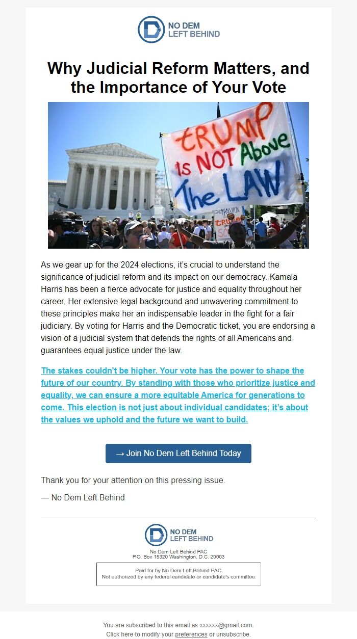 Screenshot of the email generated on import
