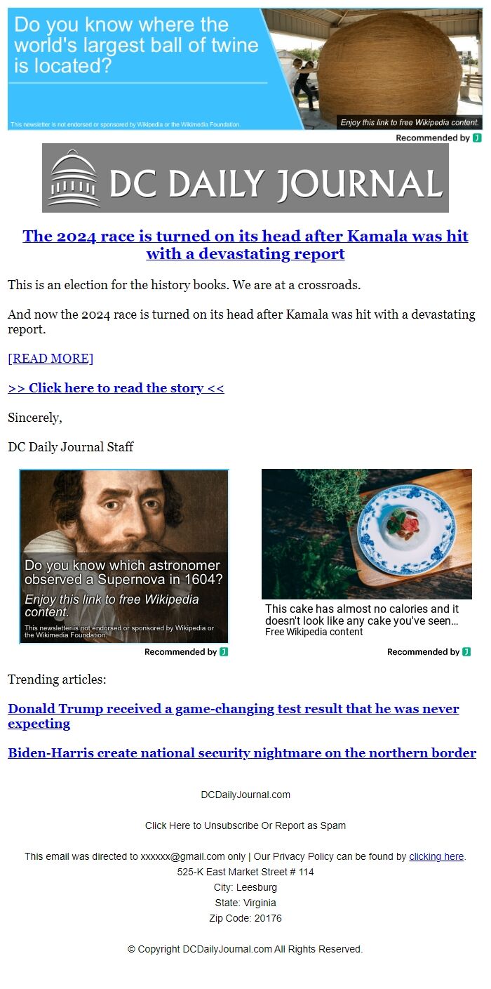 Screenshot of the email generated on import