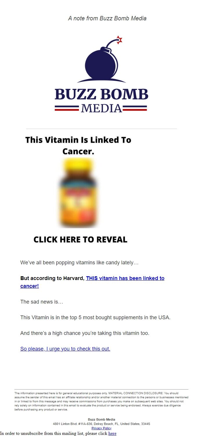 Screenshot of the email generated on import
