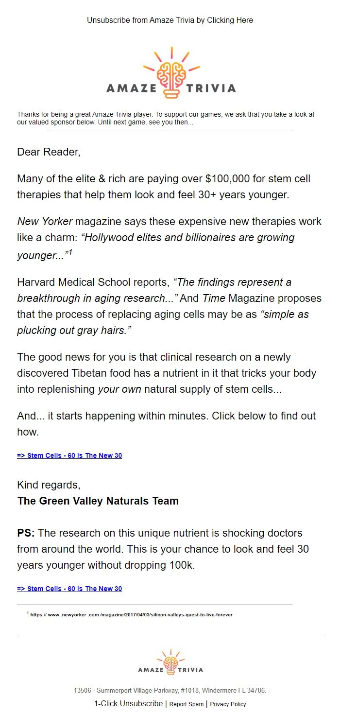 Screenshot of the email generated on import