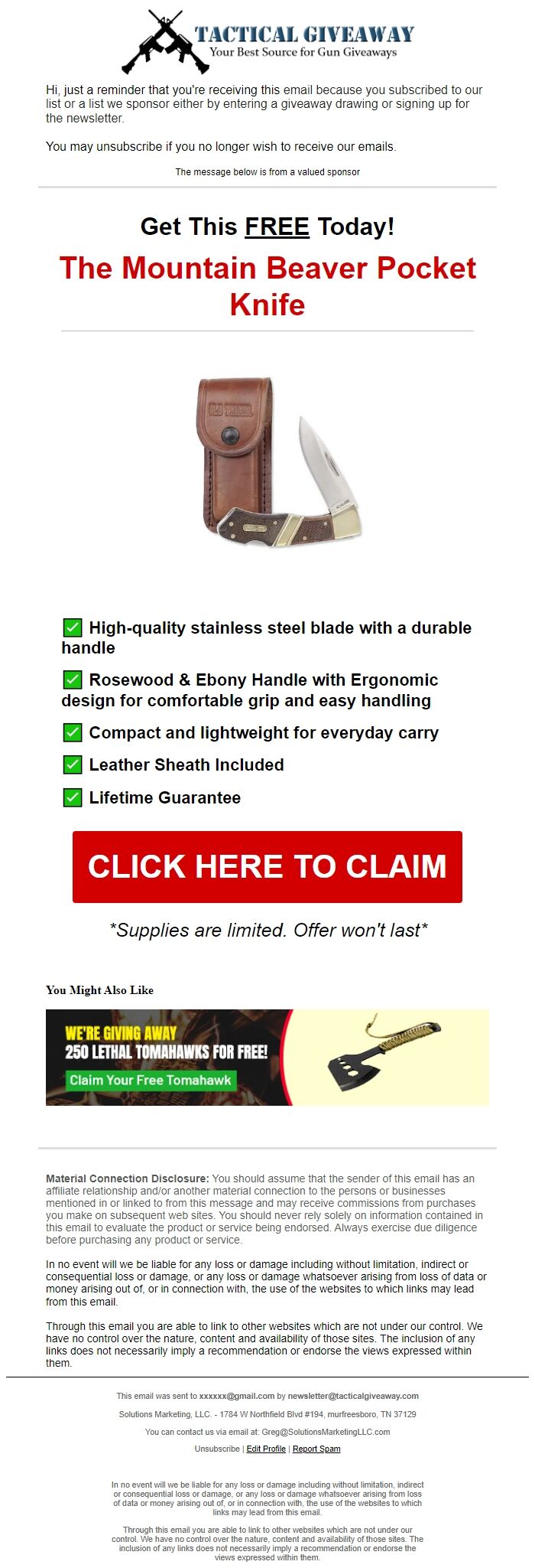 Screenshot of the email generated on import
