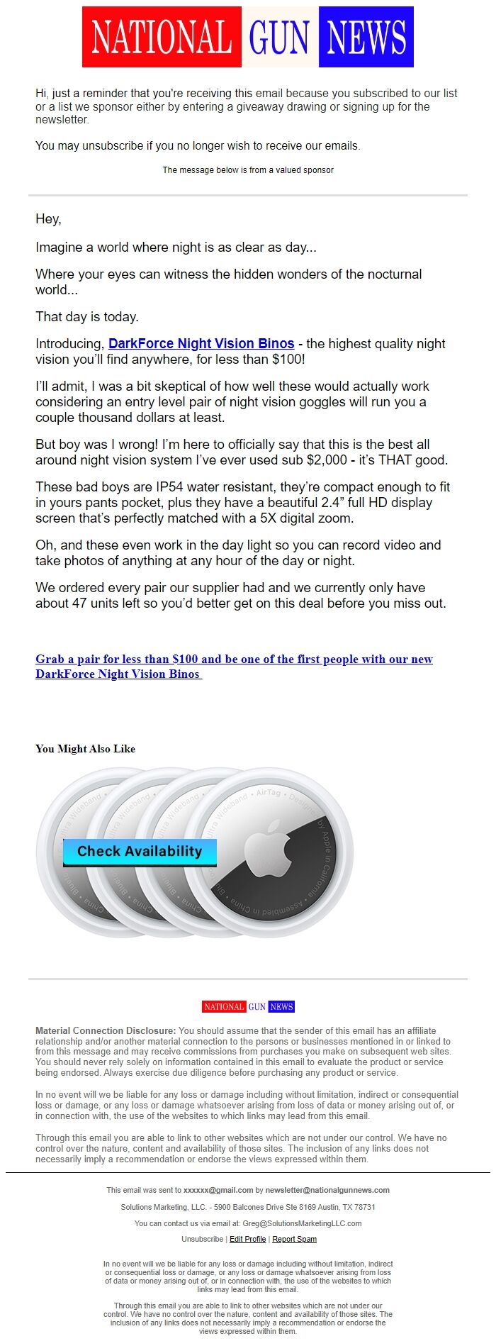 Screenshot of the email generated on import