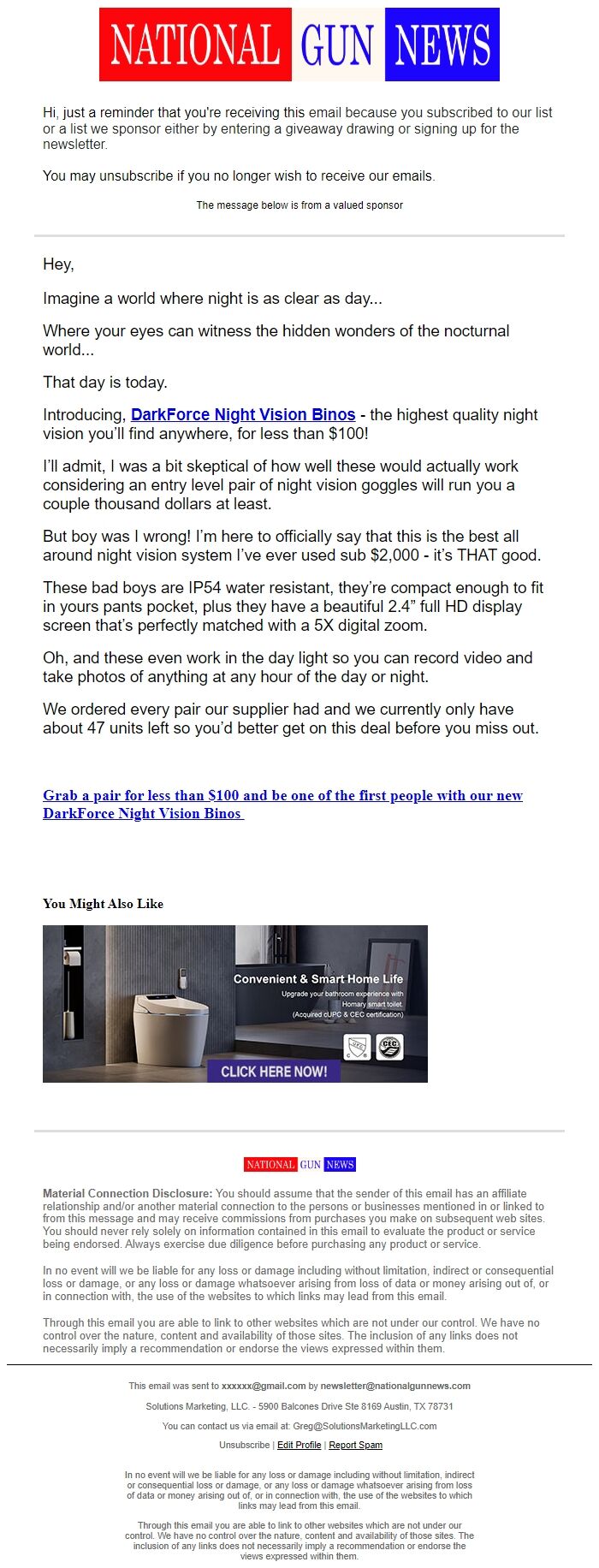 Screenshot of the email generated on import