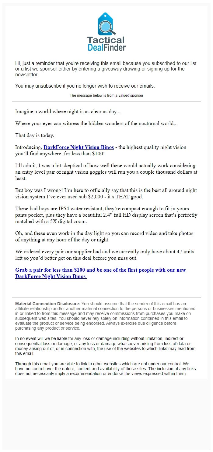 Screenshot of the email generated on import