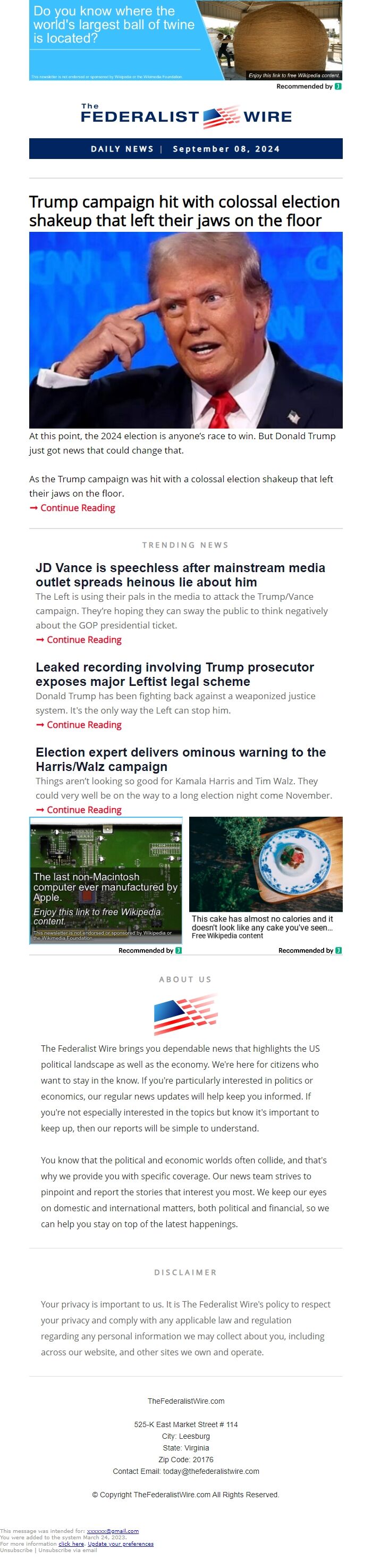 Screenshot of the email generated on import
