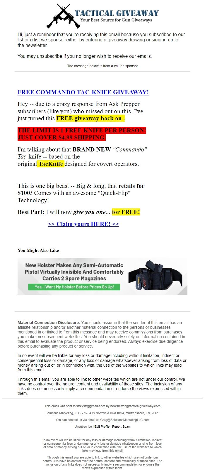 Screenshot of the email generated on import