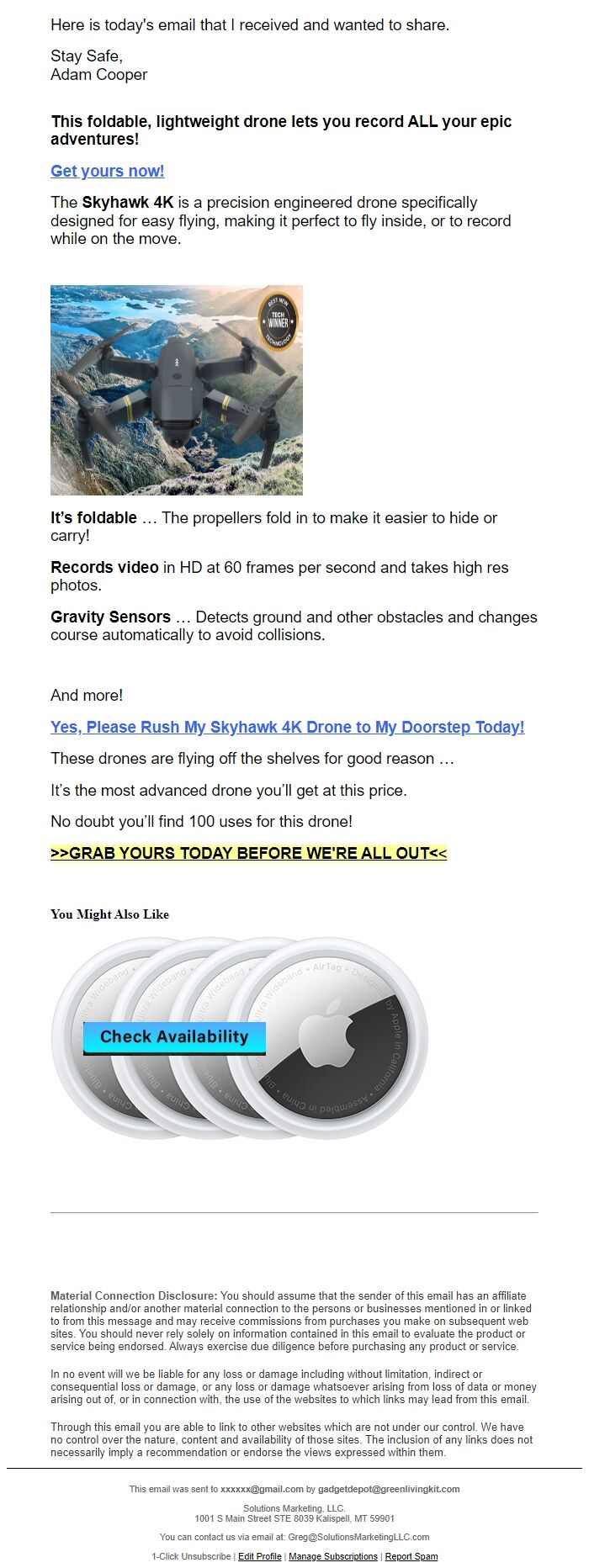Screenshot of the email generated on import