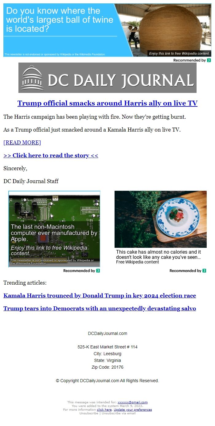 Screenshot of the email generated on import