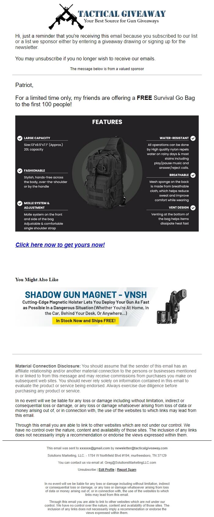 Screenshot of the email generated on import