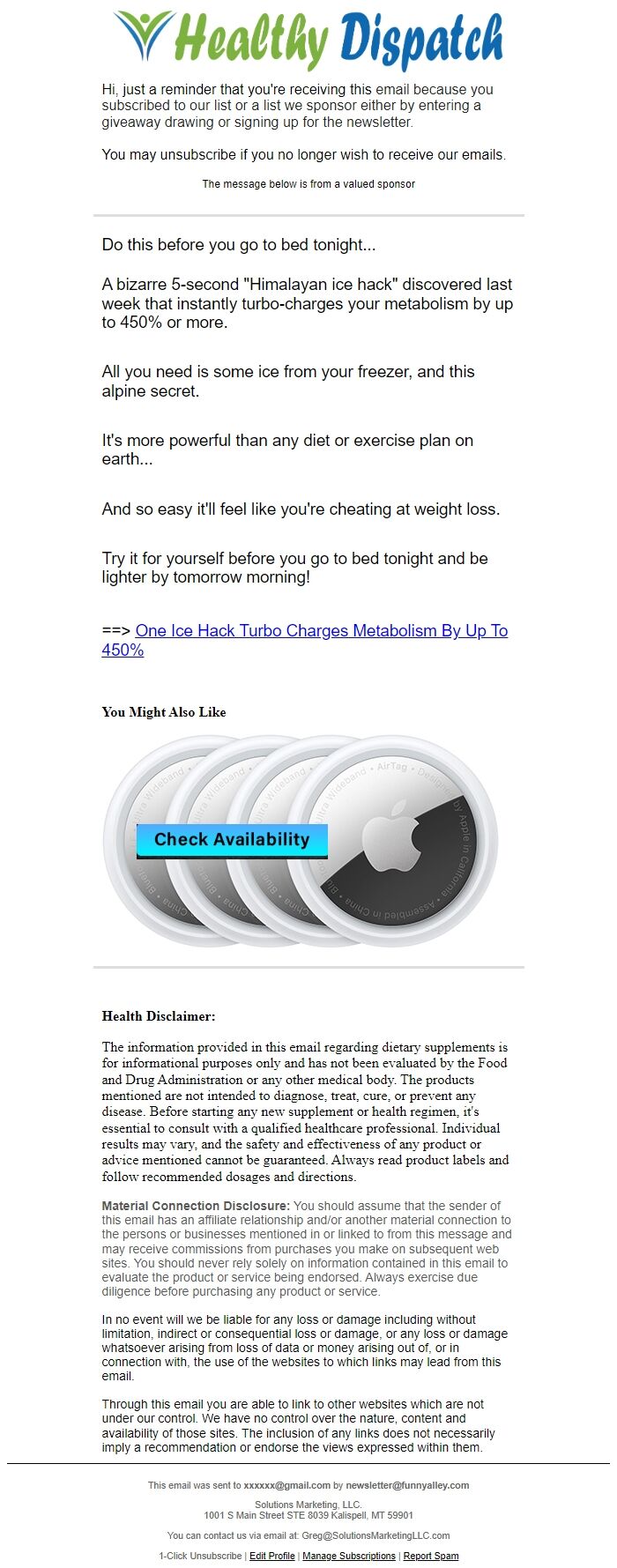 Screenshot of the email generated on import