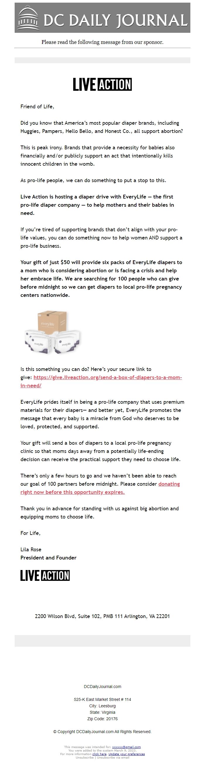Screenshot of the email generated on import