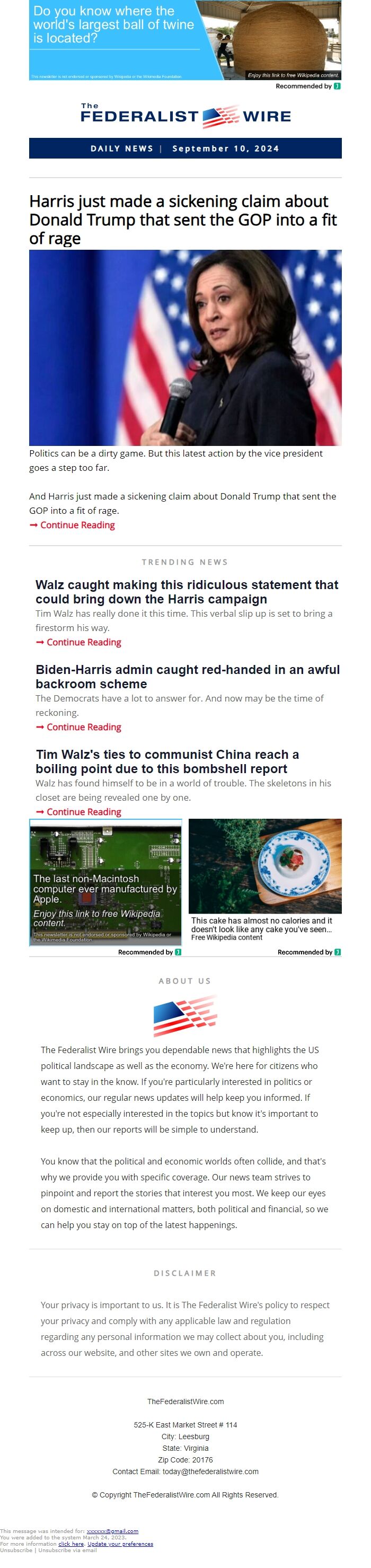 Screenshot of the email generated on import
