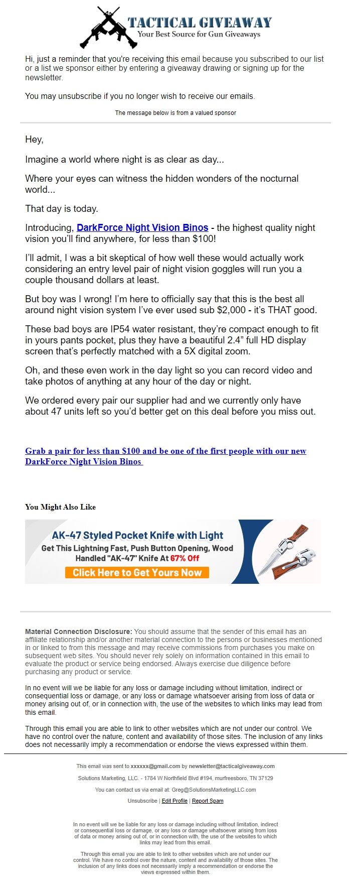 Screenshot of the email generated on import