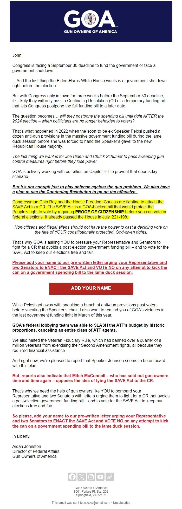 Screenshot of the email generated on import