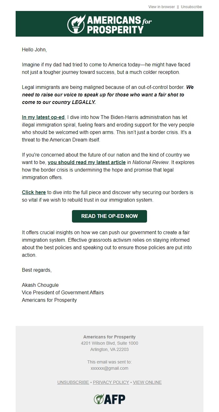 Screenshot of the email generated on import