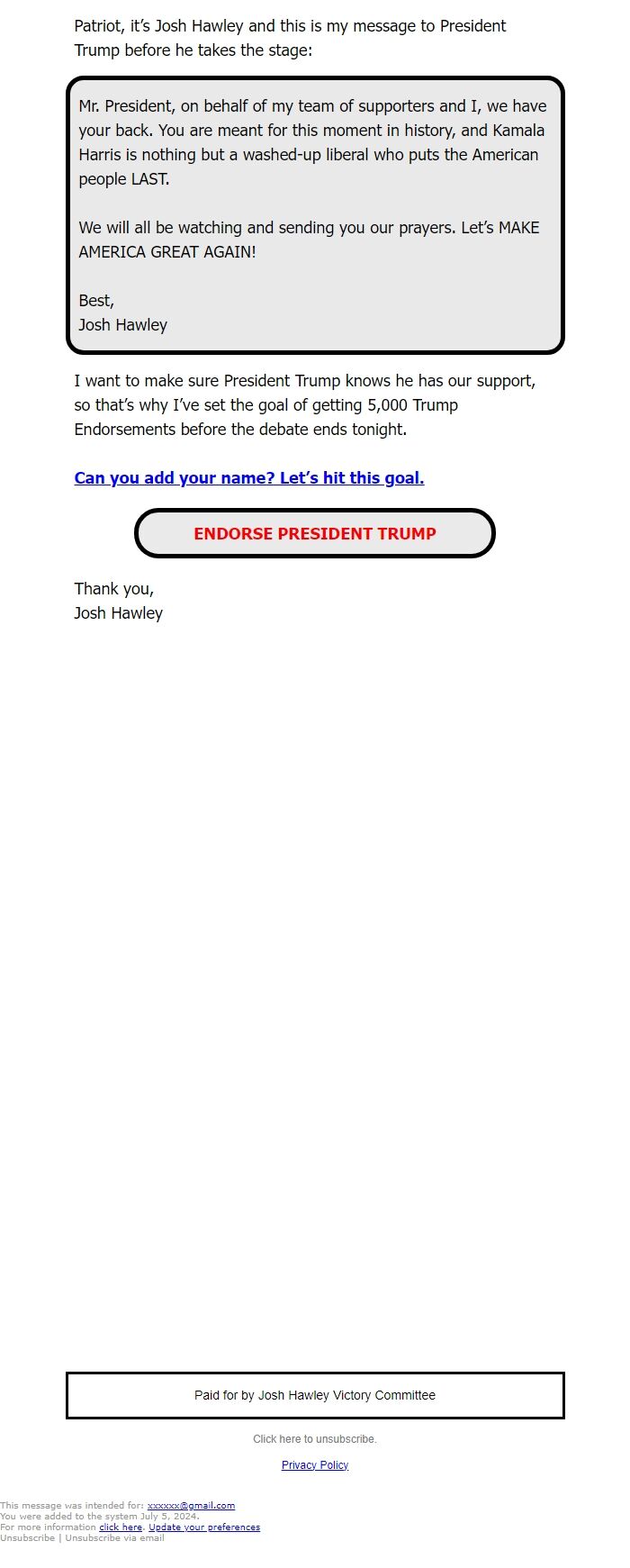 Screenshot of the email generated on import