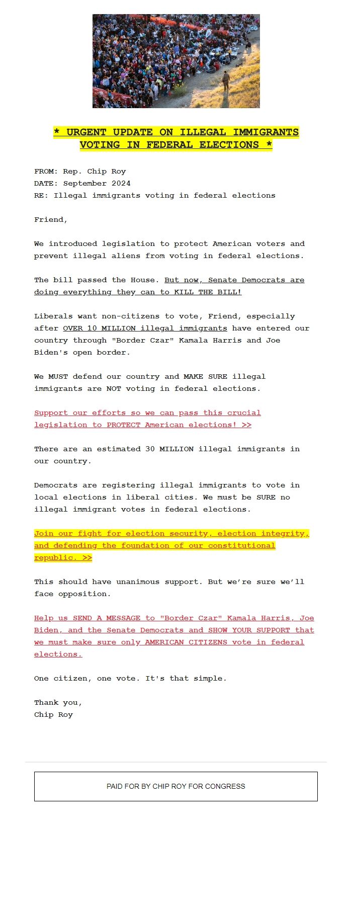 Screenshot of the email generated on import