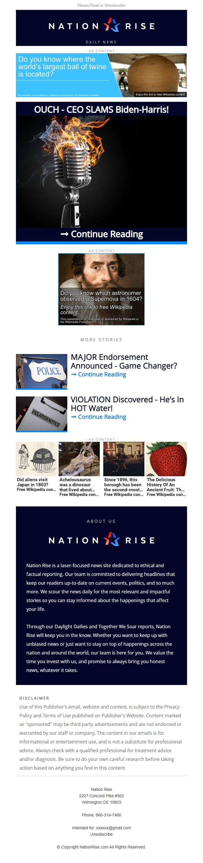 Screenshot of the email generated on import