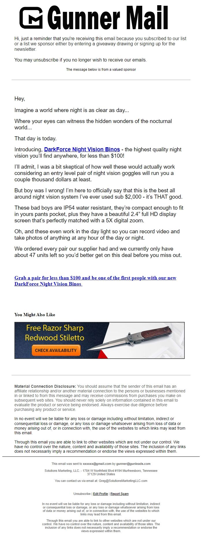 Screenshot of the email generated on import