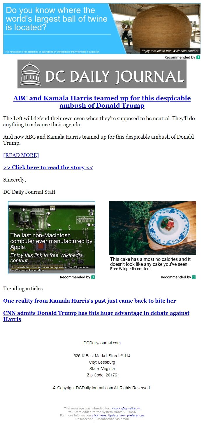 Screenshot of the email generated on import