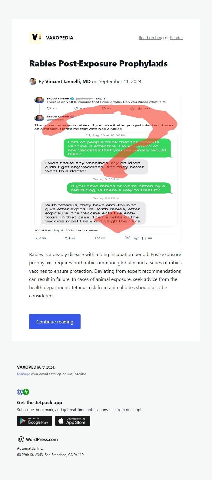 Screenshot of the email generated on import