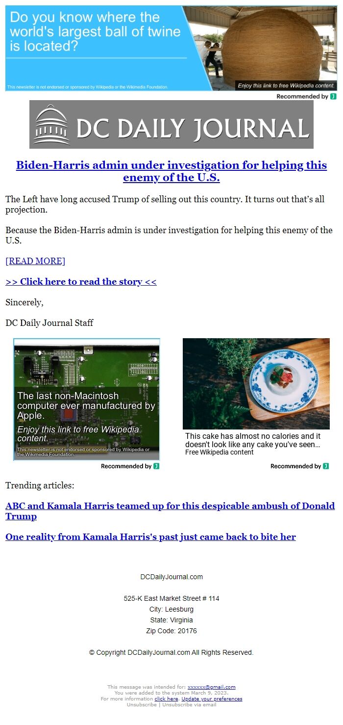 Screenshot of the email generated on import