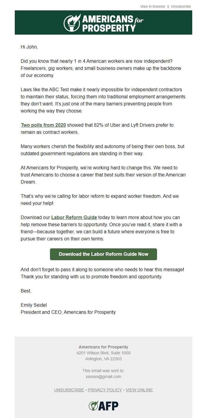 Screenshot of the email generated on import