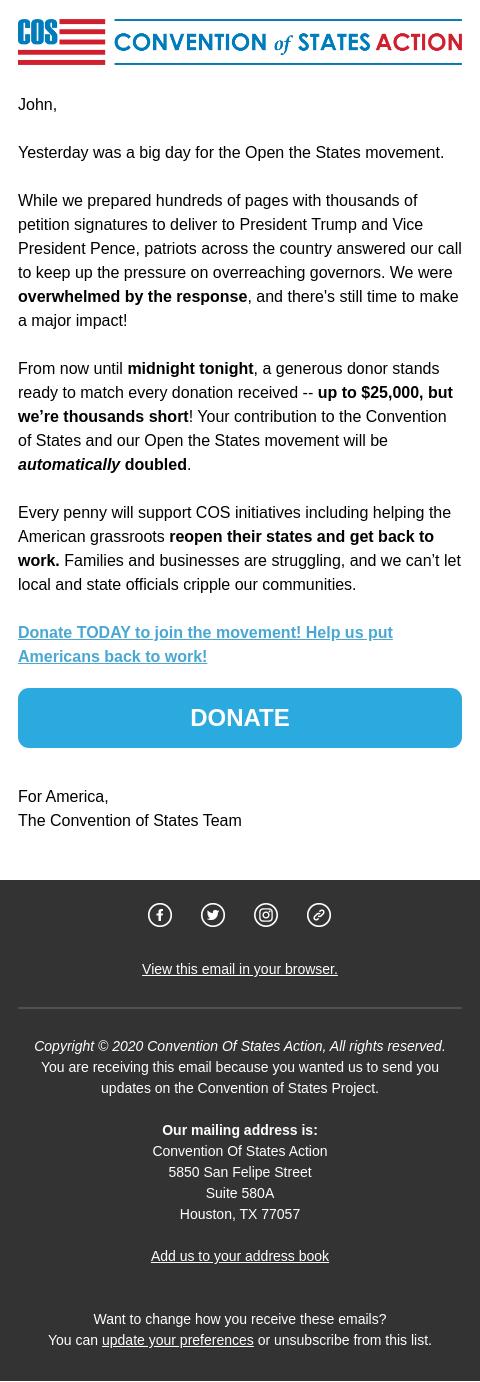 Screenshot of the email generated on import