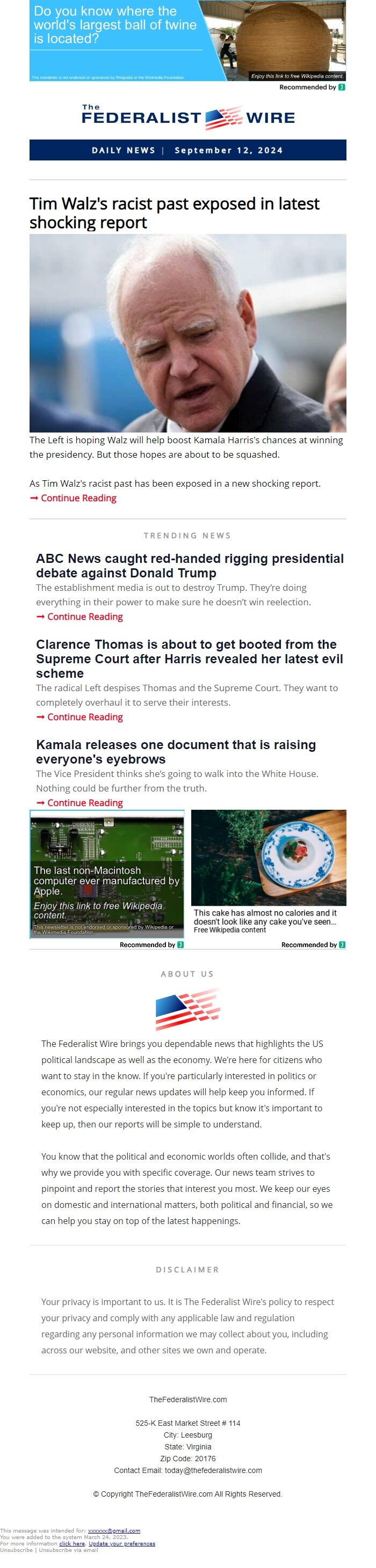 Screenshot of the email generated on import