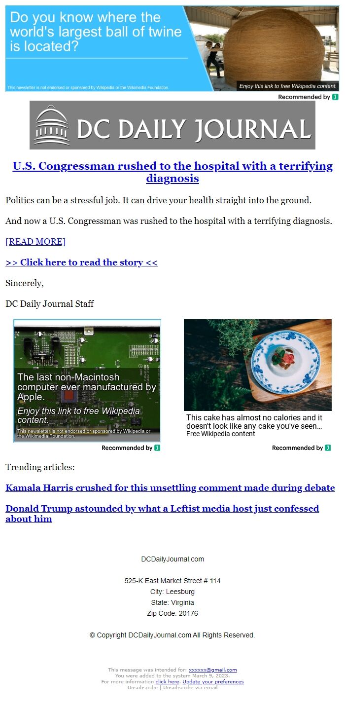 Screenshot of the email generated on import