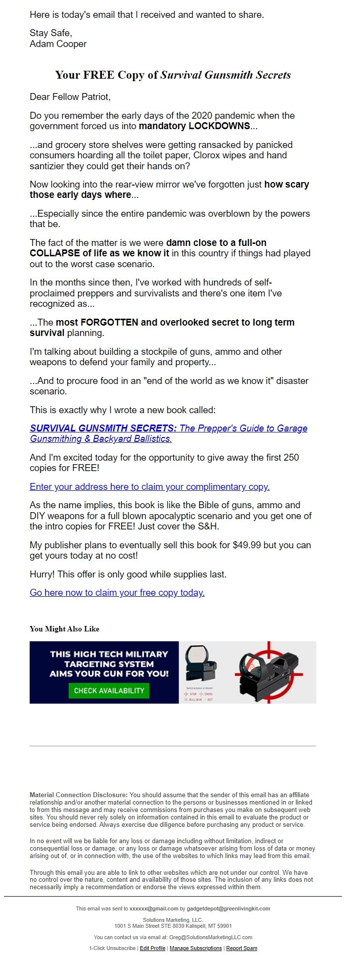 Screenshot of the email generated on import