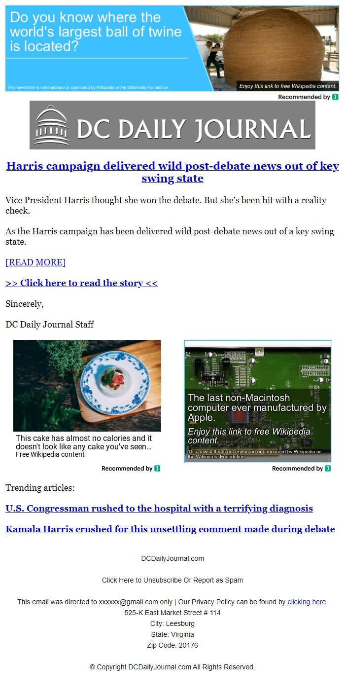 Screenshot of the email generated on import