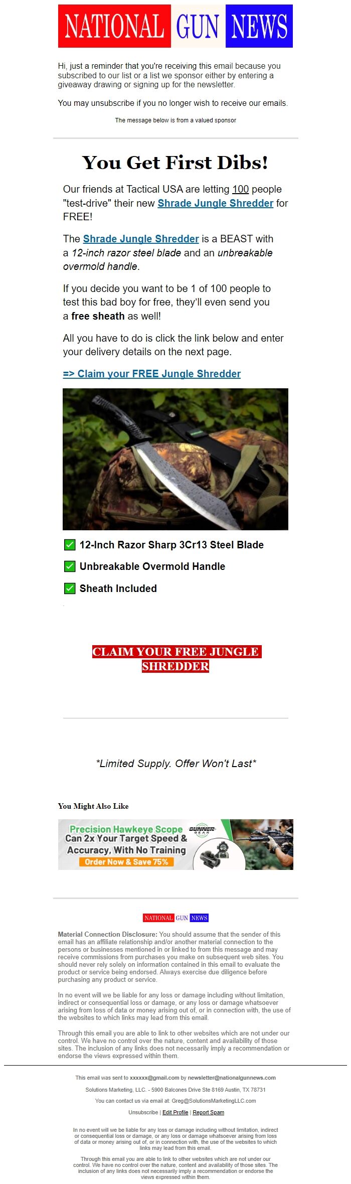 Screenshot of the email generated on import