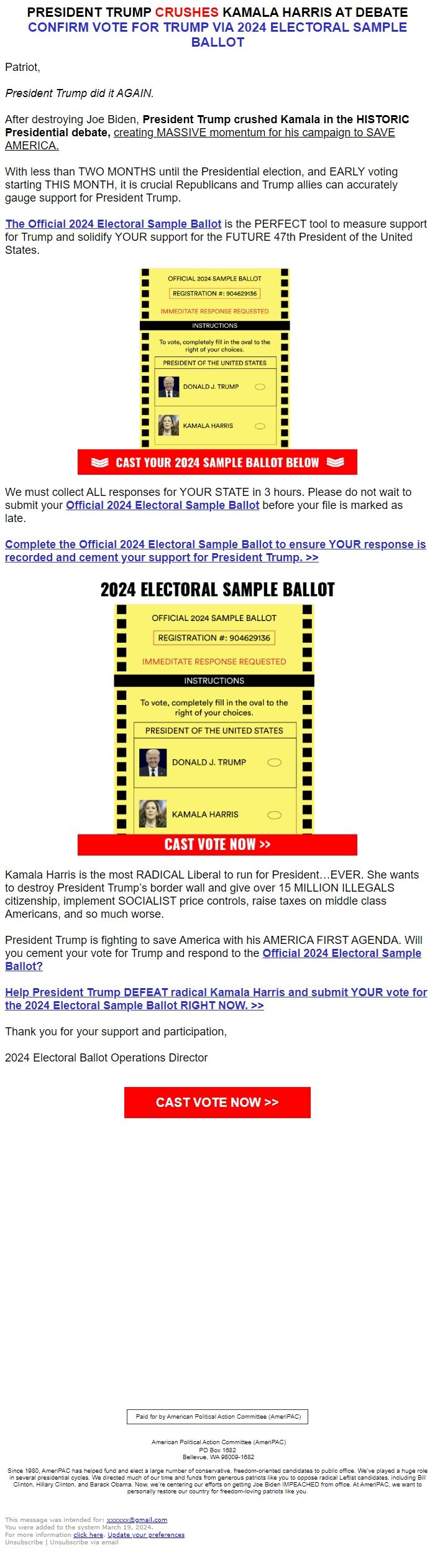 Screenshot of the email generated on import
