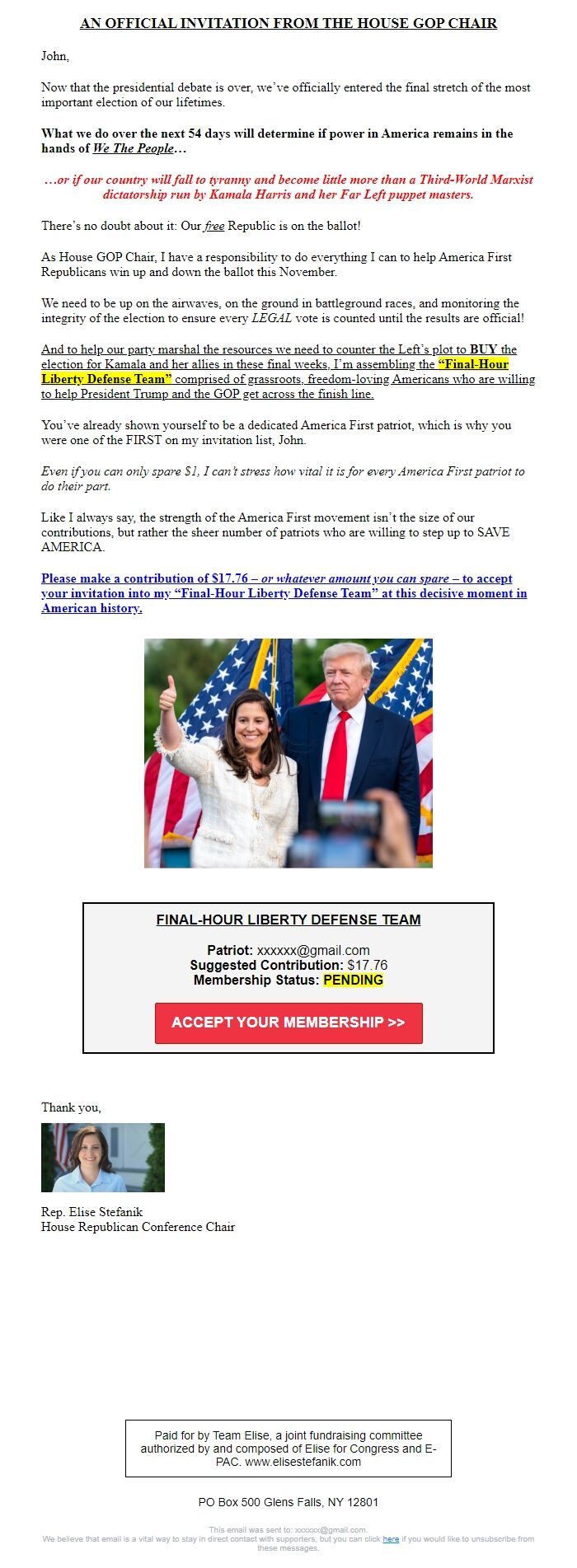 Screenshot of the email generated on import