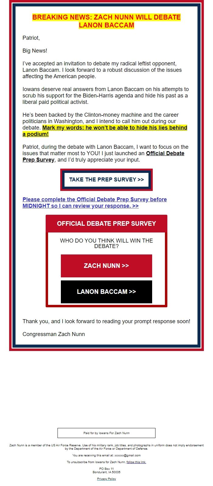 Screenshot of the email generated on import