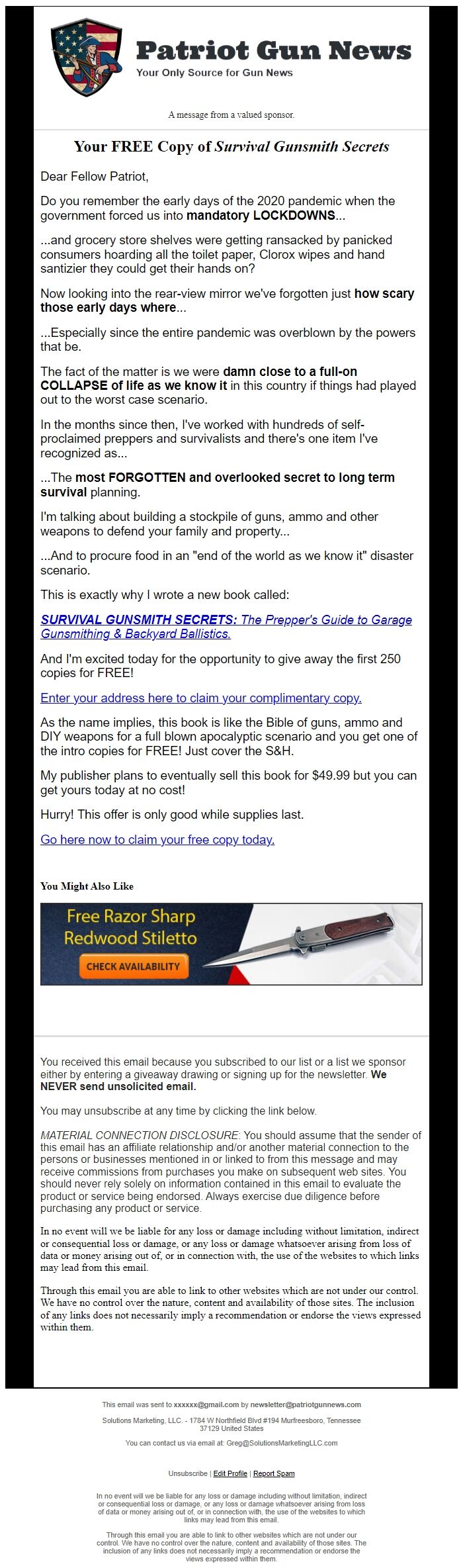 Screenshot of the email generated on import