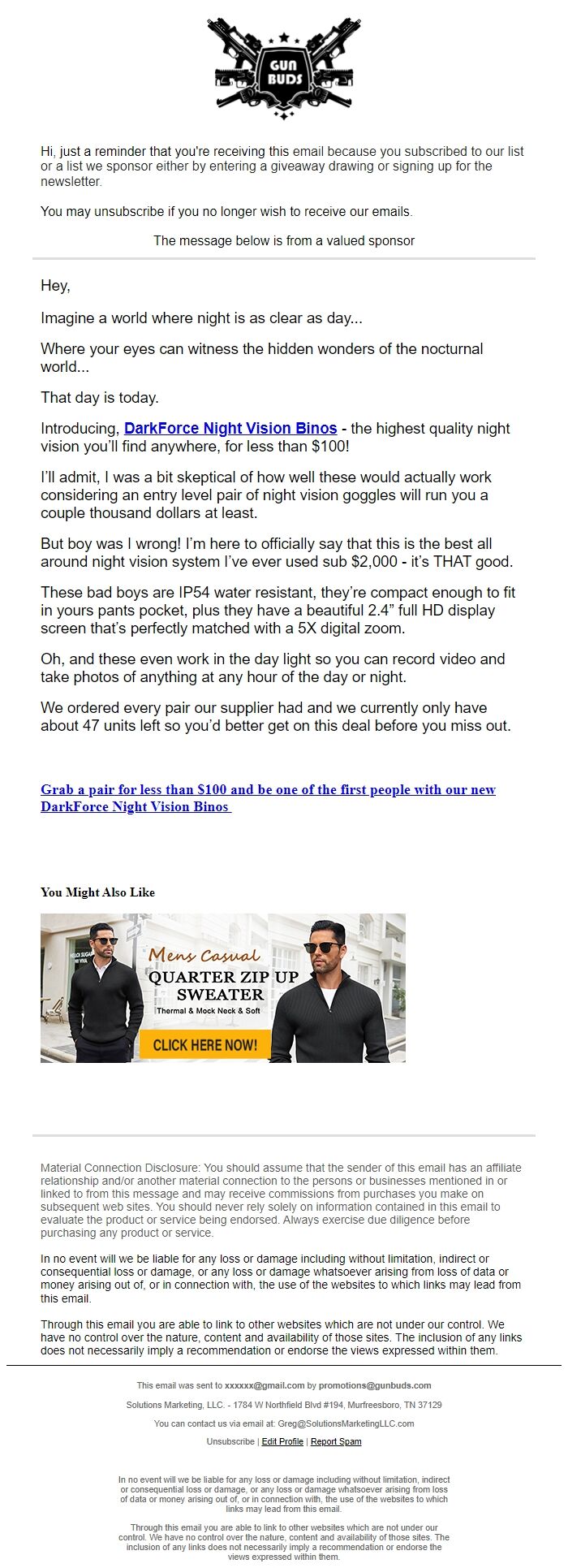 Screenshot of the email generated on import