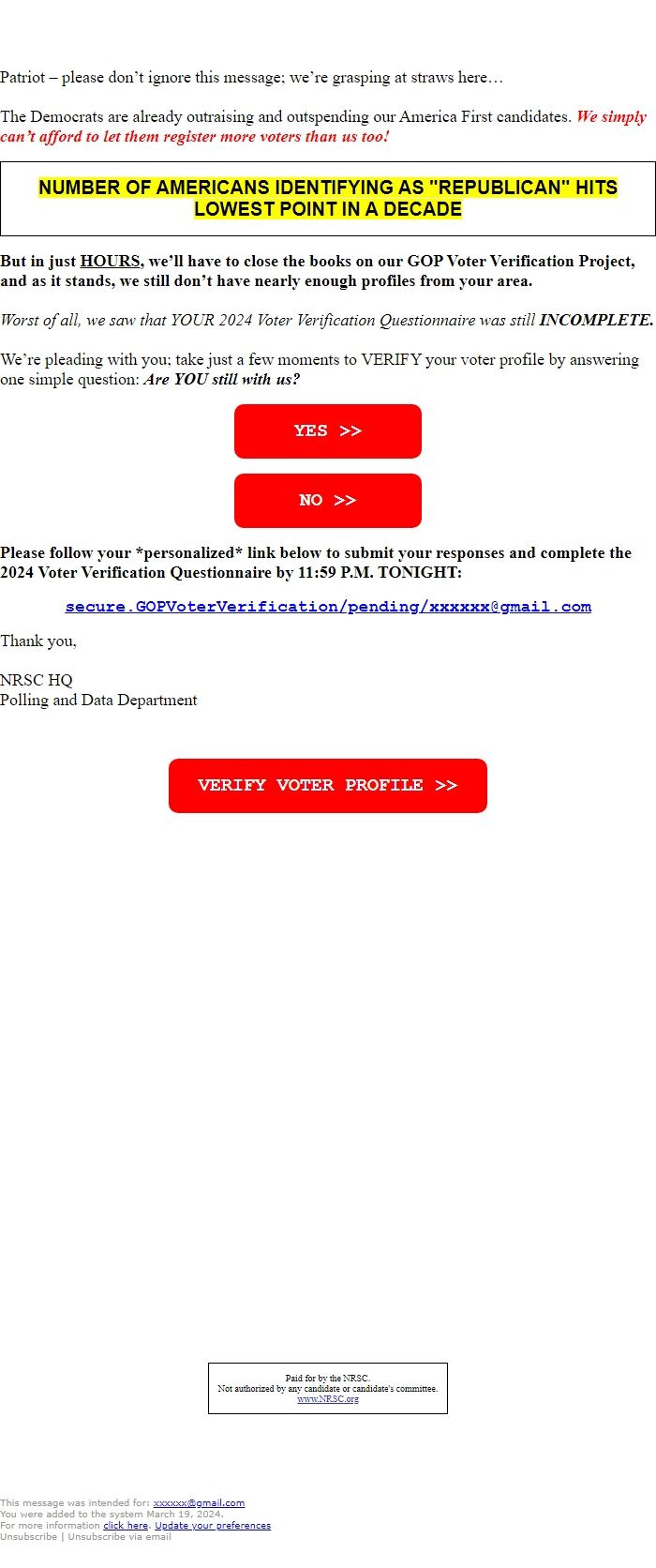 Screenshot of the email generated on import