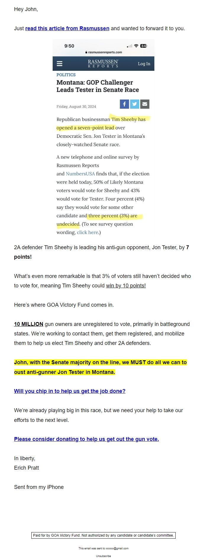Screenshot of the email generated on import