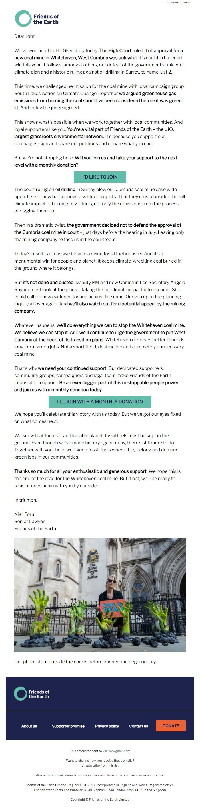 Screenshot of the email generated on import