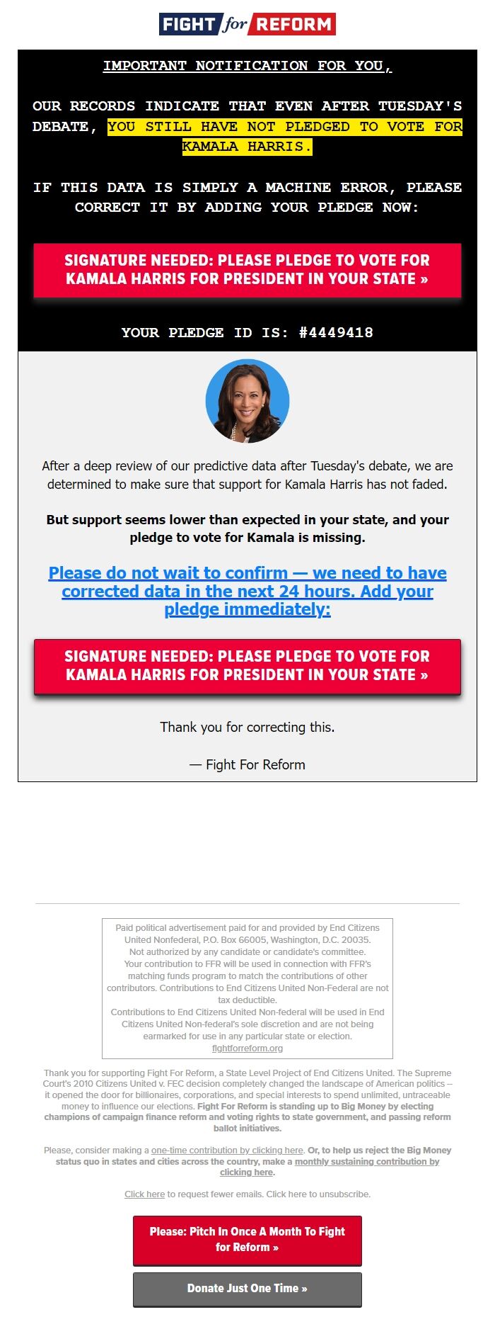 Screenshot of the email generated on import