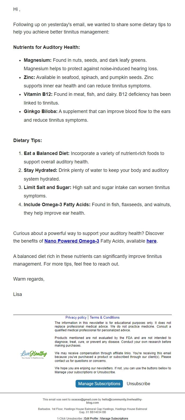 Screenshot of the email generated on import